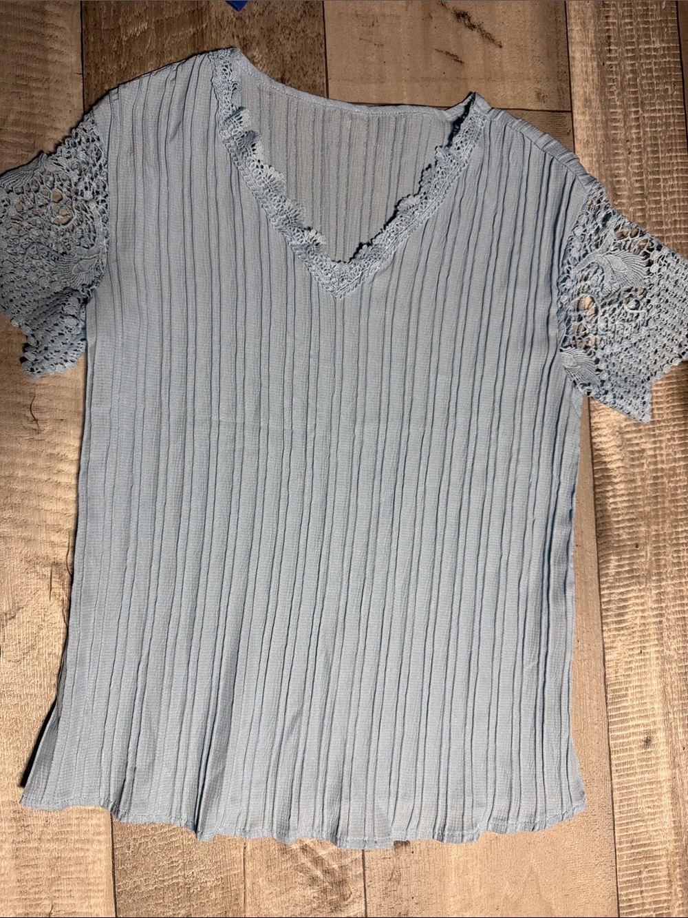 SHEIN Light Blue V-Neck Ribbed Top with Crochet Sleeves